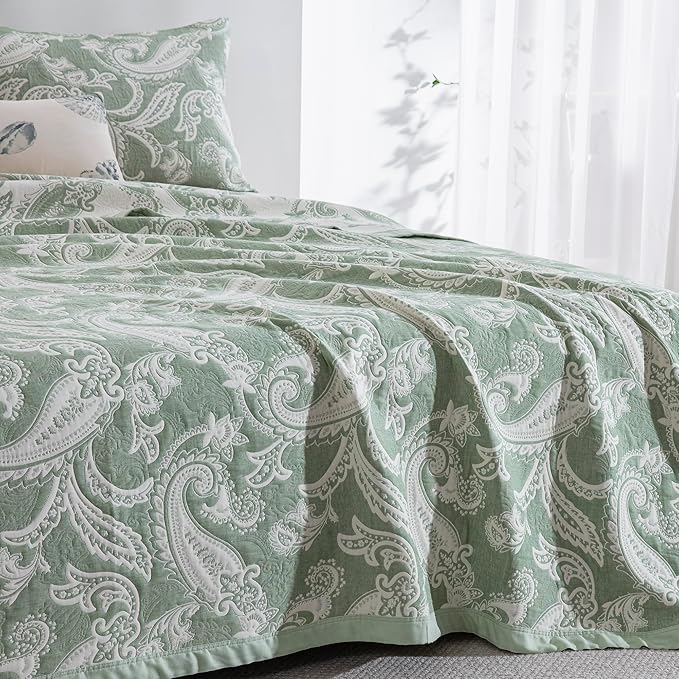 100% Cotton Muslin Jacquard 3 Piece Quilt Set Paisley Print, Soft 3 Layers Gauze Bed Cover Reversible Bedspread Coverlet Breathable Lightweight Bedding Set, King
