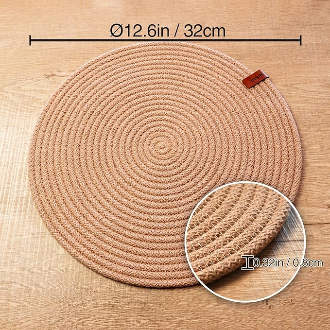Round Placemats, Set of 4, Handmade by Braided Cotton Cord for Kitchen and Dining Table, Dia. 12.6 Inch, Doublesided, Heat Resistant, Cappuccino