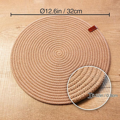 Round Placemats, Set of 4, Handmade by Braided Cotton Cord for Kitchen and Dining Table, Dia. 12.6 Inch, Doublesided, Heat Resistant, Off-White/Cappuccino