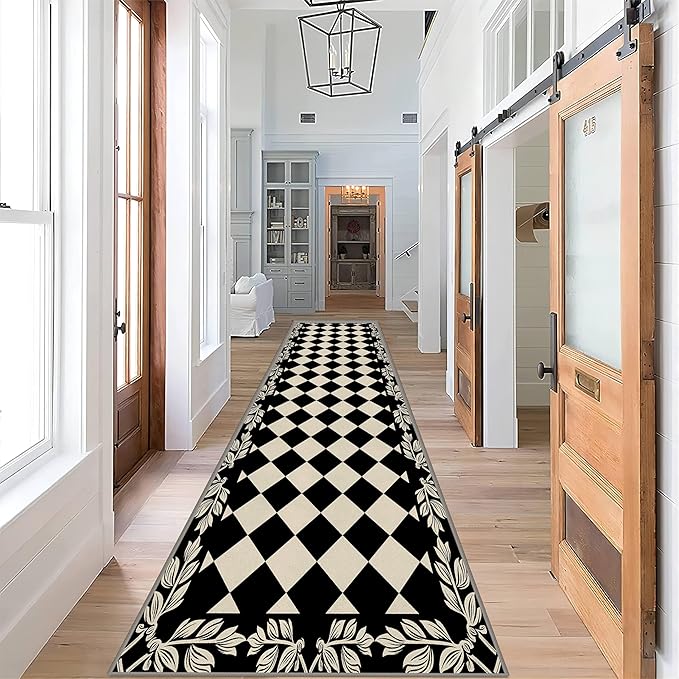 Modern Black White Checkered Pattern Runner Rug, 3.3x7ft, Abstract Neutral Farmhouse Decor Rugs for Living Room, Non-Shedding Low Pile Soft Foldable Carpet for Family Kitchen