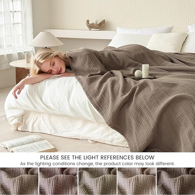 FALUCA Cotton Muslin Reversible Blanket King Size for Bed, Couch, Four Layers Blanket, Soft Lightweight Cozy Breathable Farmhouse Decoration for All-Season, Brown