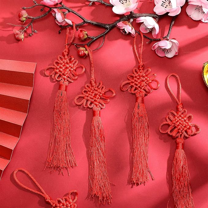 Tatuo 200 Pieces Chinese Knots with Tassels Handmade Chinese Knotting Cord Decorative for New Year Spring Festival Decorations