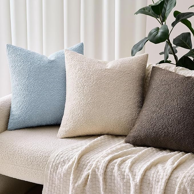 Woaboy Pack of 2 18x18 Inch Decorative Boucle Throw Pillow Covers Textured Square Pillowcaes Accent Solid Cozy Soft Cushion Covers Home Decor for Sofa Couch Living Room Home Decor,Coastal Light Blue