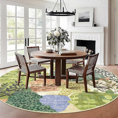 DEXDE Large Round Rug 9ft Washable Circle Area Rugs Non Slip Low Pile Boho Floral Circular Carpet for Bedroom Bathroom Entryway Kids Room Office Dining Room,Green