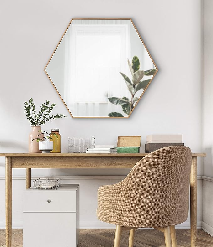 Kate and Laurel Rhodes Modern Hexagon Wall Mirror, 30 x 30, Natural Teak, Chic Geometric Mirror for Wall