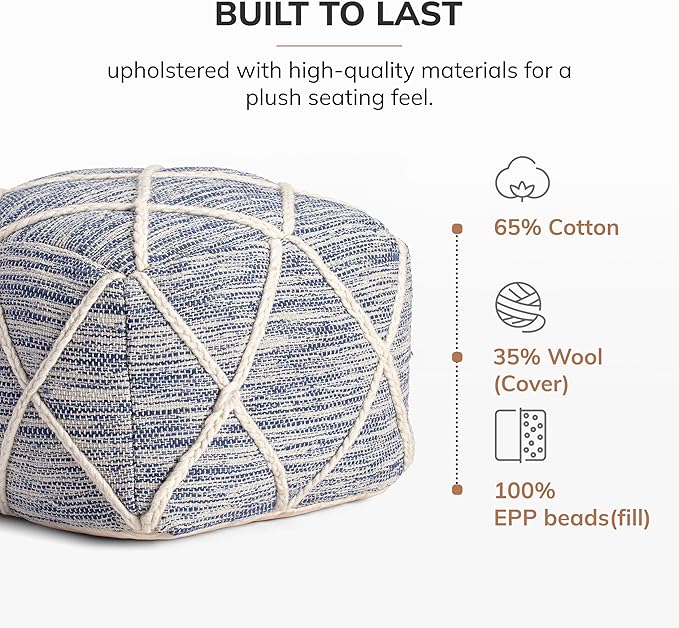 Anji Mountain 100% Handmade & Handcrafted Comfortable Home Décor Pouf Ottoman Footrest for Living Room, Bedroom, Nursery, Kidsroom, Patio Furniture - (22" x 22" x 16"- Ivory,Blue)