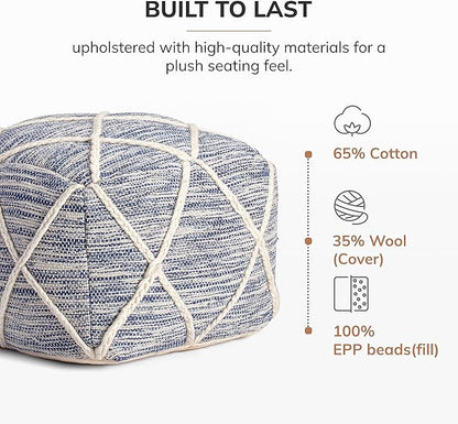 Anji Mountain 100% Handmade & Handcrafted Comfortable Home Décor Pouf Ottoman Footrest for Living Room, Bedroom, Nursery, Kidsroom, Patio Furniture - (22" x 22" x 16"- Ivory,Blue)