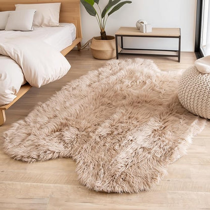 Super Area Rugs Ultra Soft & Fluffy Faux Sheepskin Fur Rug, Light Brown 4 x 6 Feet Sheepskin Carpet for Bedroom Living Room