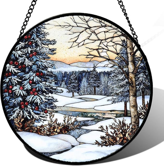 Stained Glass Window Hanging, Winter Snow Landscape Suncatcher Diamond Glass Panel Sun Catchers Decor for Birthday for Women, Men, Wife, Aunt, and Mom 6.3x6.3 in