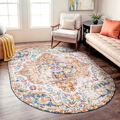 Rugshop Vintage Distressed Bohemian Area Rug for Living Room,Bedroom,Dining Room– Vibrant Multi-Color Tribal Design, 5' x 7' Oval