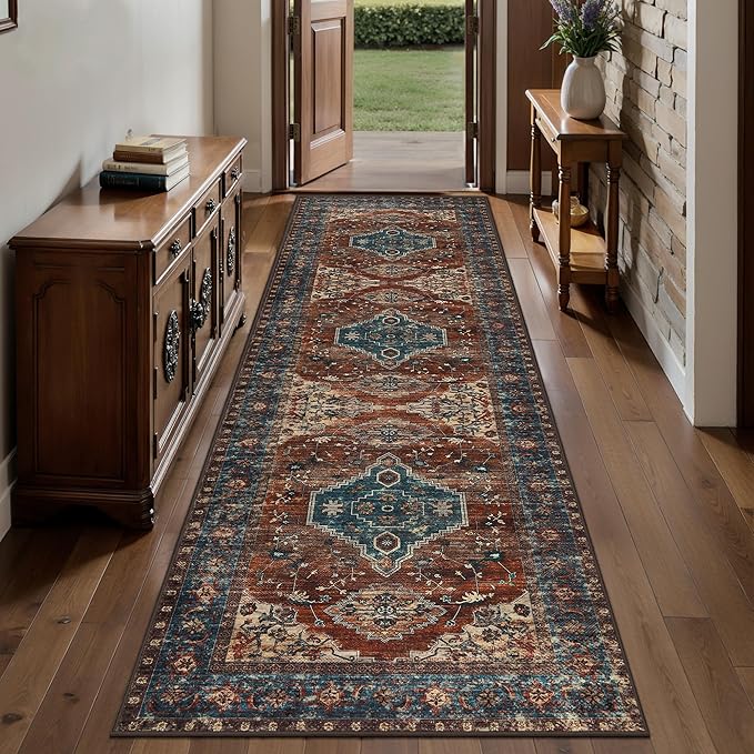 Tangsoo 2.6x8 Washable Runner Rug for Hallways, Non Slip Vintage Runner Rug, Soft Low Pile Long Rug Runner, Print Distressed Carpet Runners for Kitchen Bedroom Entryway Bathroom Living Room