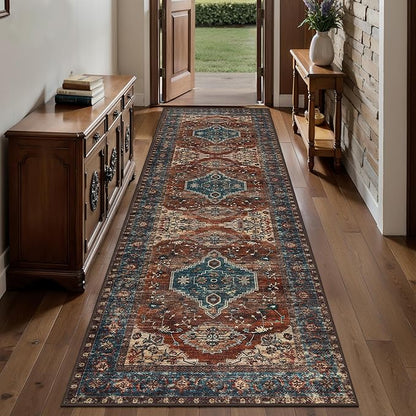 Tangsoo 2.6x8 Washable Runner Rug for Hallways, Non Slip Vintage Runner Rug, Soft Low Pile Long Rug Runner, Print Distressed Carpet Runners for Kitchen Bedroom Entryway Bathroom Living Room