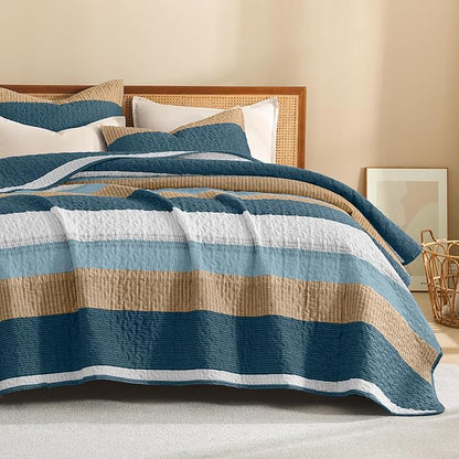 Litanika California King Quilt Set FBird,Stripe Patchwork Summer Bedspread Coverlet, Soft Lightweight Microfiber Quilt Bedding Set for All Season(1 Quilt, 2 Pillowcases)