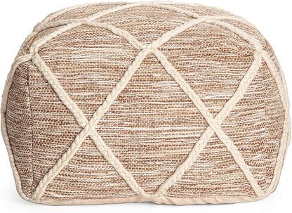 Anji Mountain 100% Handmade & Handcrafted Comfortable Home Décor Pouf Ottoman Footrest for Living Room, Bedroom, Nursery, Kidsroom, Patio Furniture - (22" x 22" x 16"- Ivory,Tan)