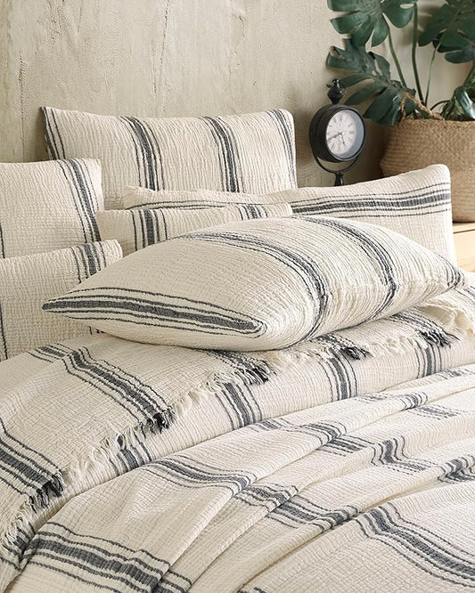 Bohemian 4 Layers Gauze Lightweight Throws,Cotton Muslin Throw Blanket,Breathable Coverlet, 4 Layer Bed Cover (Beige with 5 Stripes, Only 2 King Pillowcase 20 x 36 inches)