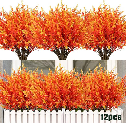 RECUTMS 12 Bundles Outdoor Artificial Flowers UV Resistant Fake Boxwood Plants, Faux Greenery for Indoor Outside Hanging Plants Garden Porch Window Box Home Wedding Farmhouse Décor (Gold)