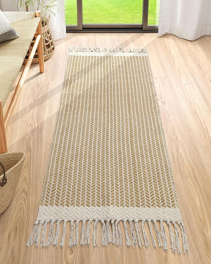 Lahome Boho Bathroom Runner Rug, 2x5 Hallway Runner Rugs Washable Rugs for Entryway Indoor Door Mat with Tassels, Farmhouse Woven Cotton Low Pile Rug Runners for Hallways Laundry Room, Khaki