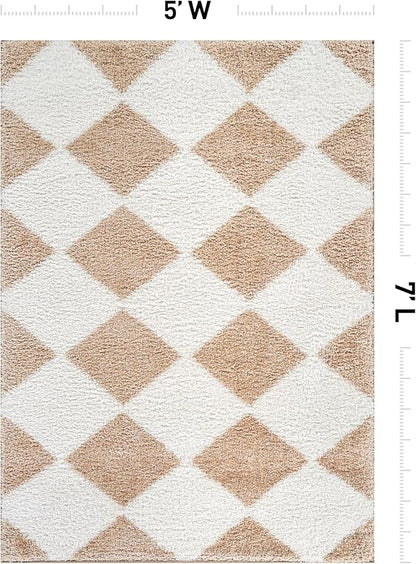 Rugshop Diamond Wave Shag Area Rug Beige 5' x 7' Great for Bedrooms, Living Rooms, or Under Coffee Tables