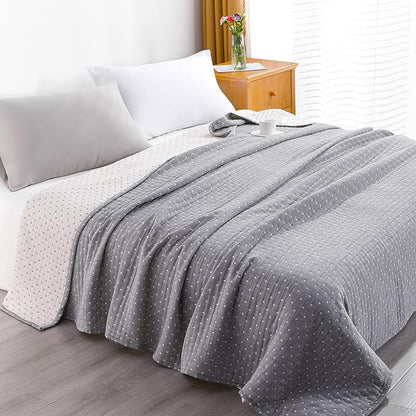 NTBAY 3 Layers Cotton Muslin 88x92 Queen Bed Blanket, Super Soft Breathable Thermal Yarn Dyed Quilt for Adults, Perfect Lightweight Blanket for Couch Sofa Bed All Seasons, Grey Dot