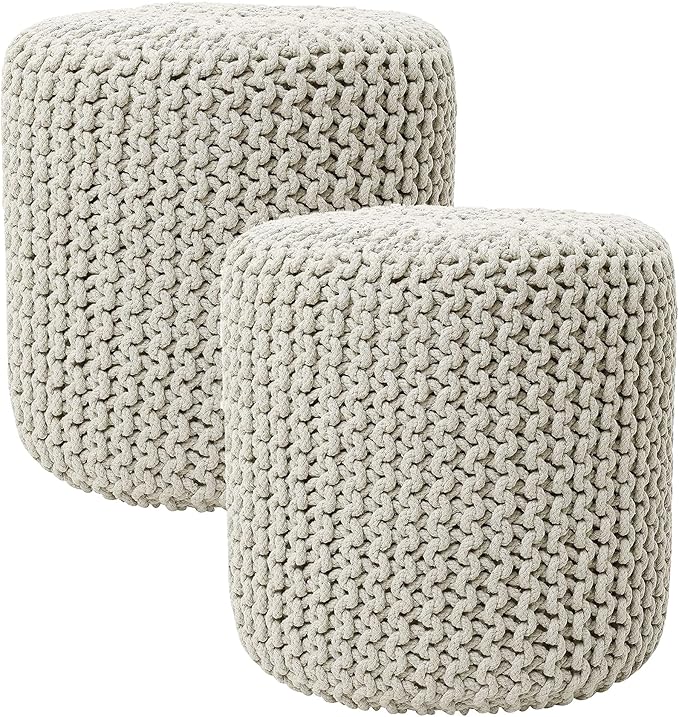 REDEARTH · Cylindrical Hand Knitted Pouf - Foot Stool Ottoman - Cord Boho Pouffe - Cotton Round Poof for Home Decor - Living Room - Nursery - Bedroom - Patio (16" x 16" x 16") - Ivory, Set of 2