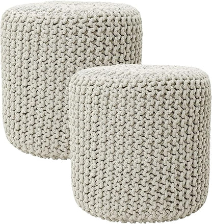 REDEARTH · Cylindrical Hand Knitted Pouf - Foot Stool Ottoman - Cord Boho Pouffe - Cotton Round Poof for Home Decor - Living Room - Nursery - Bedroom - Patio (16" x 16" x 16") - Ivory, Set of 2