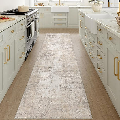 2'6x10 Washable Runner Rug Beige Grey Abstract Hallway Kitchen Throw Rug Neutral Modern Non Slip Soft Low Pile Carpet for Bathroom Laundry Bedroom Living Room