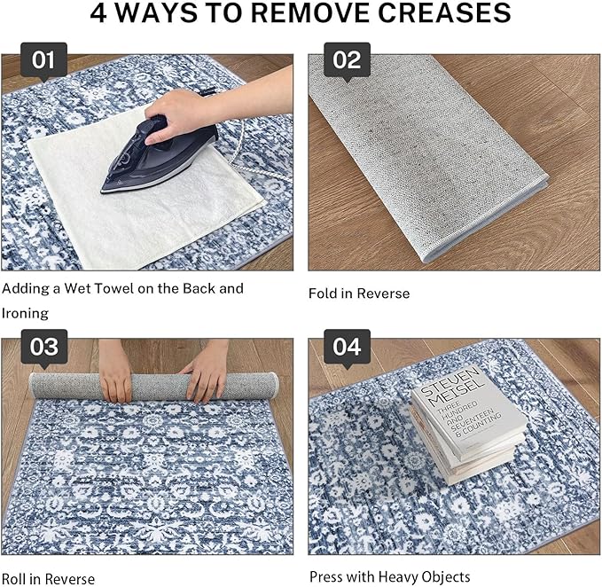 Runner Rug 2x10, Light Blue White Washable Long Hallway Rug Runner Non-Slip Soft Kitchen Runner Thin Printed Faux Wool Super Soft Carpet for Entryway Bedroom Laundry Room Indoor Home Decor