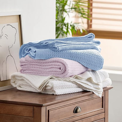 Bedsure Gentlesoft 100% Cotton Blanket Queen Size for Bed - Breathable and Soft, Thick Cozy Waffle Weave Christmas Blanket Gift for Women, Sky Blue, 90x90 Inches