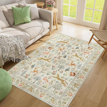 DUKINO 4x6 Rug, Washable Animal Area Rug with Non Slip Vintage Design, Indoor Soft Low Pile Carpet for Bedroom, Nursery, Dining Room, Farmhouse, Playroom, White