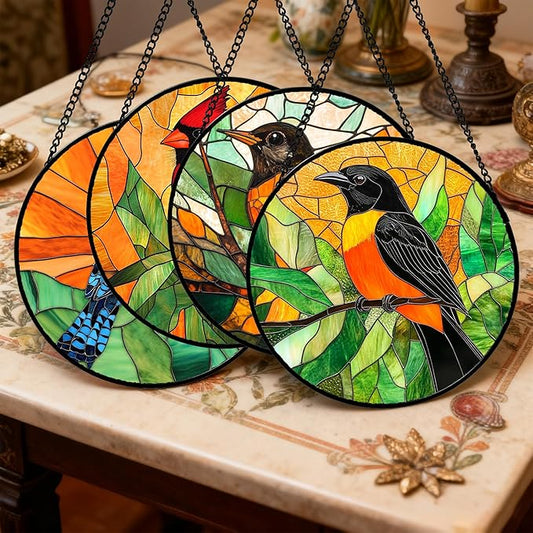 DASTOLL Stained Glass Window Hanging 4 Pcs Set Birds Large 11.8" - Cardinal Blue Jay Suncatcher Door Garden Sun Catcher Decor Birthday Christmas for Bird Lovers Mom Woman Nana Men