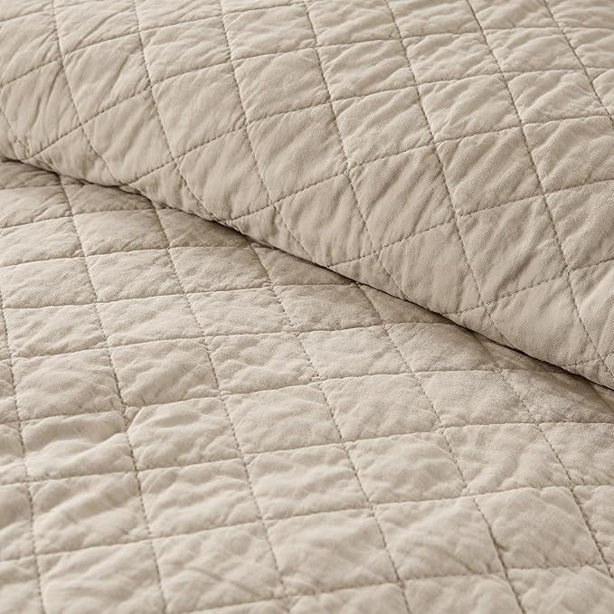 WDCOZY 100% Pre-Washed Cotton King Size Quilt Set - Beige Neutral Ruffle Box Soft Lightweight Bedspread, Textured Like Linen, Farmhouse Country Rustic Coverlet, Shabby Chic Gauze Bedding, 3 Pieces