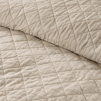 WDCOZY 100% Pre-Washed Cotton Oversized King Size Quilt Set - Beige California Cal King Soft Lightweight Bedspread, Textured Like Linen, Farmhouse Country Rustic Coverlet, Diamond Stitch Bedding