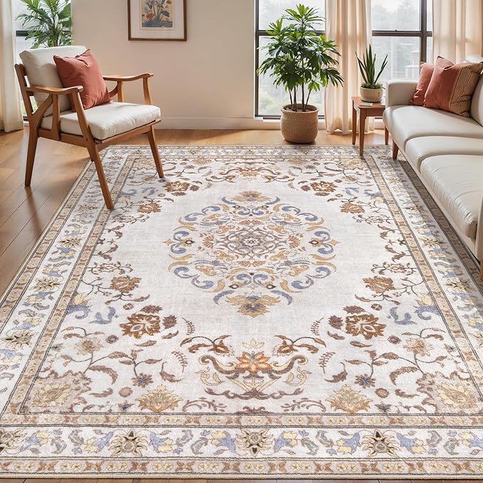 Tangsoo 5x7 Washable Area Rug, Non Slip Boho Neutral Rug for Bedroom Living Room, Vintage Beige Tan Soft Low Pile Floor Indoor Carpet for Bathroom Office Kid & Pets Friendly Home Decor