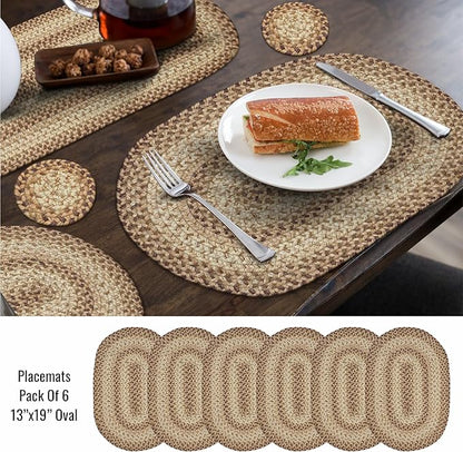 Homespice Cookie Dough Jute Braided Oval Placemats, Warm Farmhouse Decor, Set of 6, 13x19 Brown Table Mats - Vibrant Colors, Durable, Easy to Clean and Protects Furniture