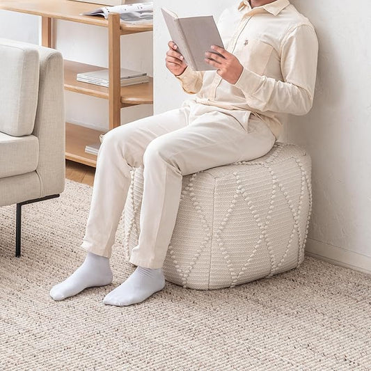 Anji Mountain 100% Handmade & Handcrafted Comfortable Home Décor Pouf Ottoman Footrest for Living Room, Bedroom, Nursery, Kidsroom, Patio Furniture - (19" x 19" x 17"- Ivory)