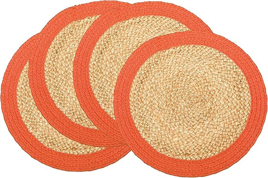 Chardin home Round Verona Woven Jute & Cotton Braided PLACEMAT (Set of 4), Size -14 inch, Round, Color - Natural Jute with Rust Orange Border