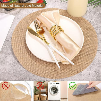 Aneco 100 Pieces Round Burlap Placemats 13.78 Inch Reusable Brown Table Mats Heat Resistant Natural Jute Fibers Placemats Burlap Circle Rustic Table Decorations for Dinner Holiday Farmhouse Decor
