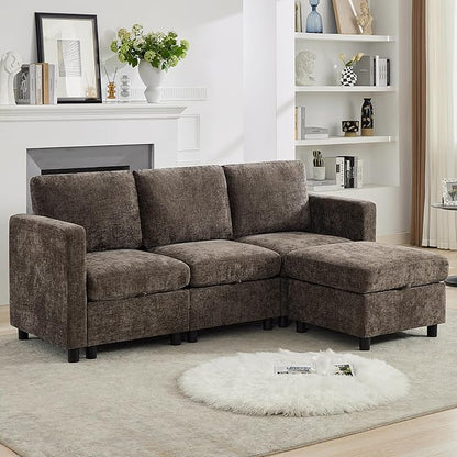 83'' Modular Sectional Sofa Convertible L Shaped Couch Set for Living Room, 4 Seat Storage Modular Sofa with Movable Ottoman, Chenille Brown