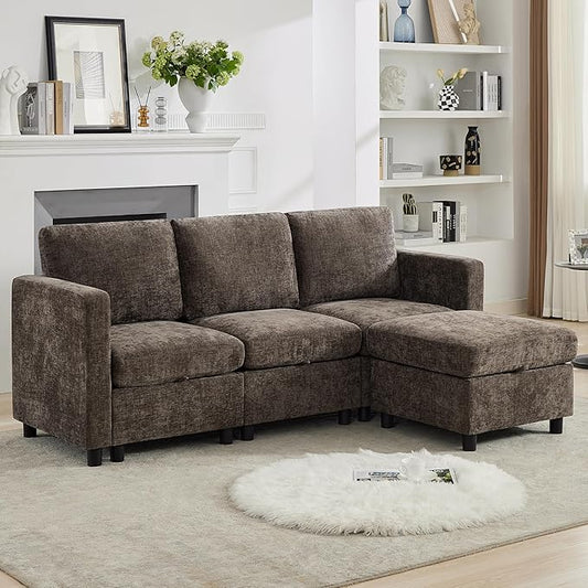 83'' Modular Sectional Sofa Convertible L Shaped Couch Set for Living Room, 4 Seat Storage Modular Sofa with Movable Ottoman, Chenille Brown