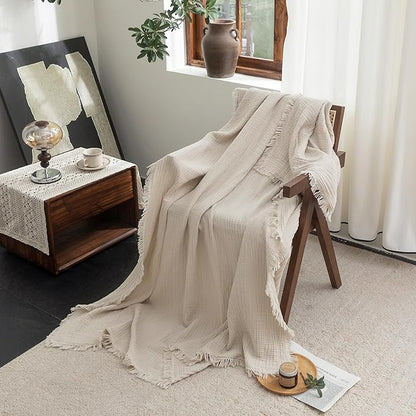 FOSSA Muslin Blanket with Fringe -4-Layer 100% Cotton Gauze Super Soft & Breathable Throw -Lightweight Decorative Cooling Blanket for Bed, Sofa, Office -Twin XL Size 66" × 90" (Beige)