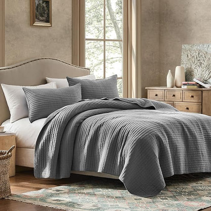 WDCOZY 100% Cotton Queen Size Quilt Set - Grey Striped Pick Stitch Soft Lightweight Bedspread, Textured Like Linen, Farmhouse Country Rustic Coverlet, Shabby Chic Gauze Bedding, 3 Pieces