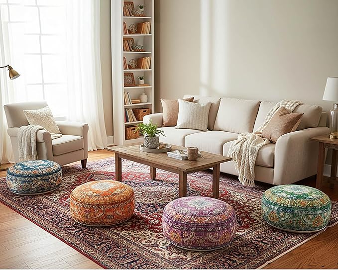 Indian Yoga Décor Pouf Cover Green Round Green Floor Pillow Case Room Décor Moroccan Décorative Cushion Perfect for Living Room, Bedroom, Nursary or Children Room Cotton 24x8 Unstuffed