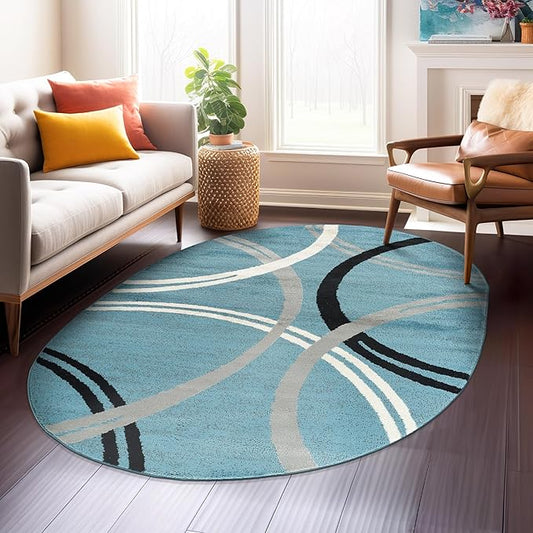 Rugshop Modern Wavy Circles Design Oval Rug, Non-Shedding Carpet for Living Room, Bedroom, or Dining Room, Blue, 5' x 7' Oval