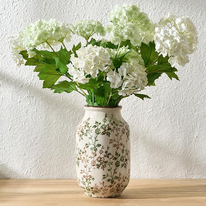 SIDUCAL Ceramic Vintage Pastoral Vase, 8.78 Inch Chinoiserie Floral Vase, Retro Ice Cracked Rustic Farmhouse Vases for Home Decor, Living Room, Bookshelf, Office, Tuscan Decor, Green and Brown Floral