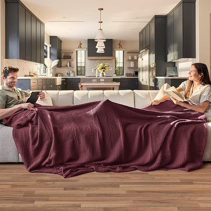 Bedsure Gentlesoft 100% Cotton Blanket King Size for Bed - Breathable and Soft, Thick Cozy Waffle Weave Christmas Blanket Gift for Women, Burgundy, 104x90 inches