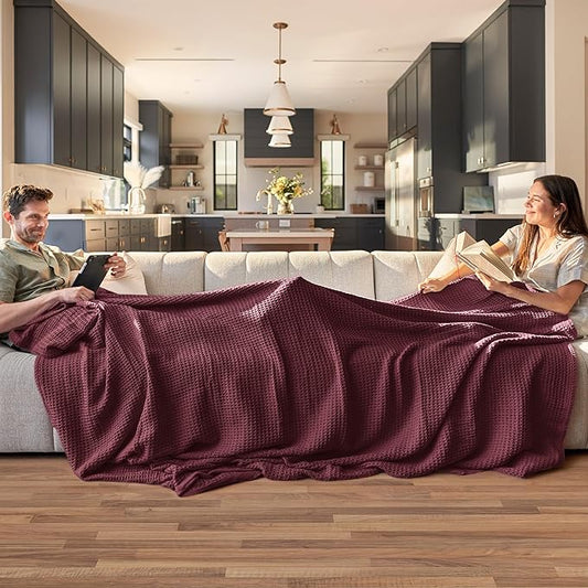 Bedsure Gentlesoft 100% Cotton Blanket King Size for Bed - Breathable and Soft, Thick Cozy Waffle Weave Christmas Blanket Gift for Women, Burgundy, 104x90 inches