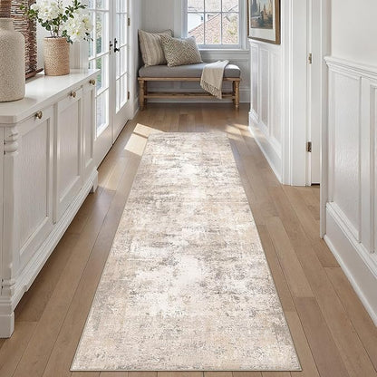 2x7 Washable Runner Rug Beige Grey Abstract Hallway Kitchen Throw Rug Neutral Modern Non Slip Soft Low Pile Carpet for Bathroom Laundry Bedroom Living Room
