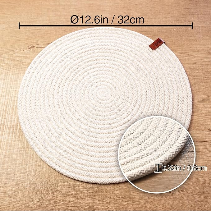 Round Placemats, Set of 4, Handmade by Braided Cotton Cord for Kitchen and Dining Table, Dia. 12.6 Inch, Doublesided, Heat Resistant, Off-White