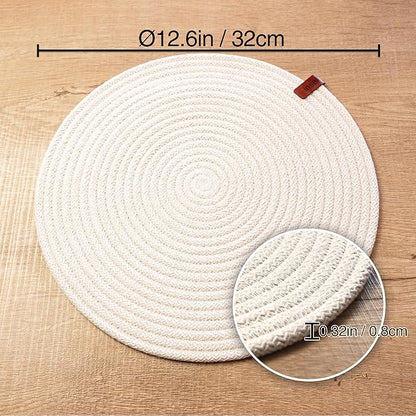 Round Placemats, Set of 4, Handmade by Braided Cotton Cord for Kitchen and Dining Table, Dia. 12.6 Inch, Doublesided, Heat Resistant, Off-White