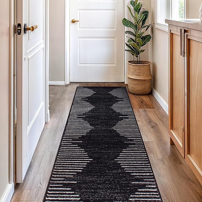 Rugshop Bohemian Stripe Stain Resistant High Traffic Living Room Kitchen Bedroom Dining Home Office Runner Rug 2'7" x 12' Black